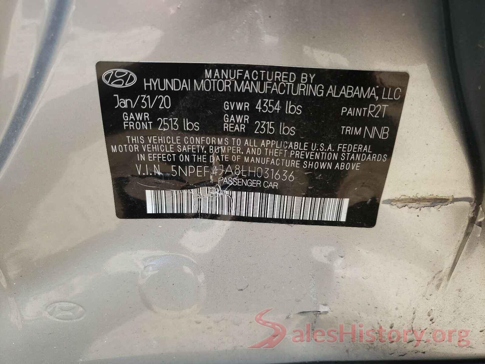 5NPEF4JA8LH031636 2020 HYUNDAI SONATA