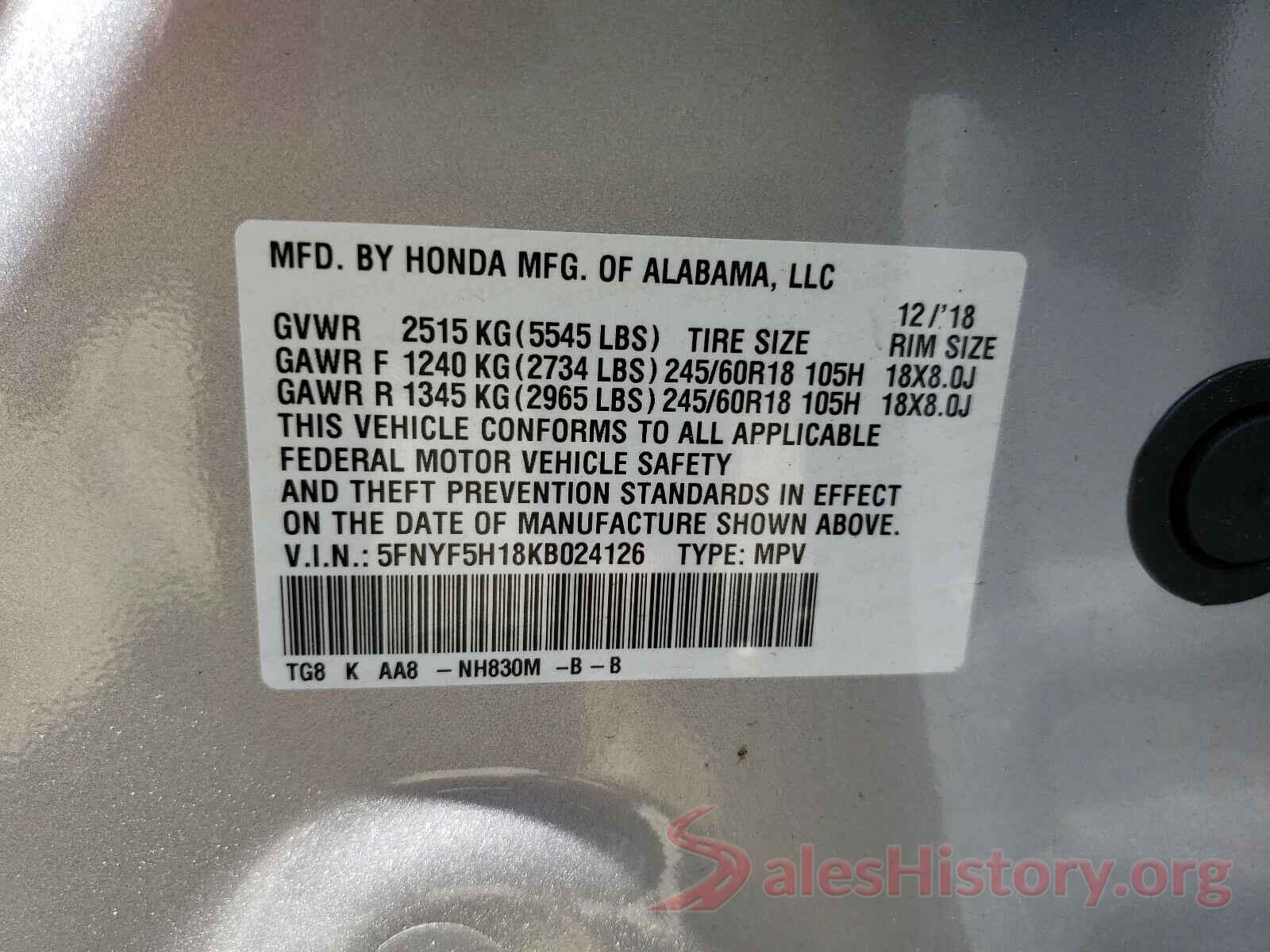 5FNYF5H18KB024126 2019 HONDA PILOT