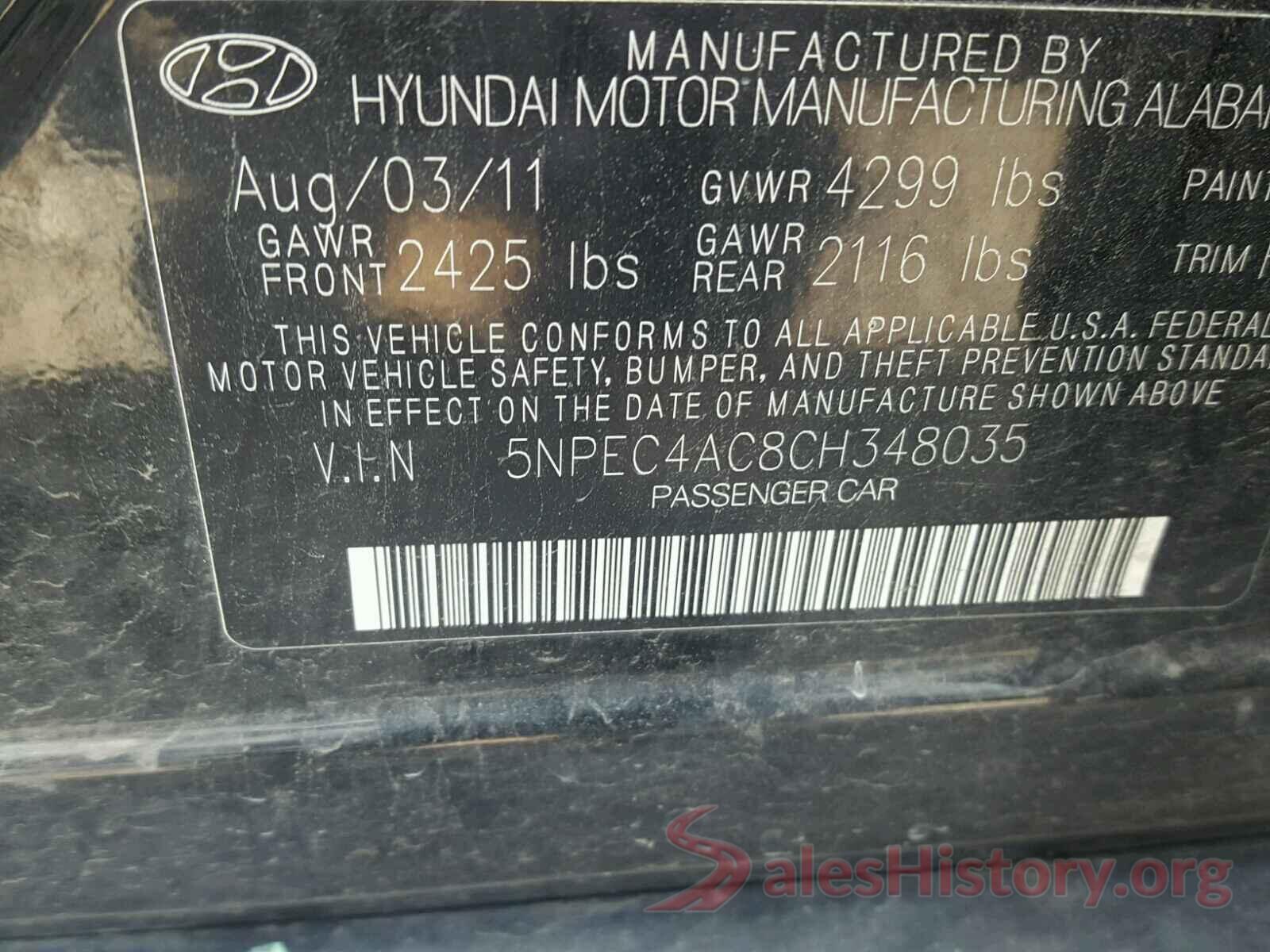 5NPEC4AC8CH348035 2012 HYUNDAI SONATA