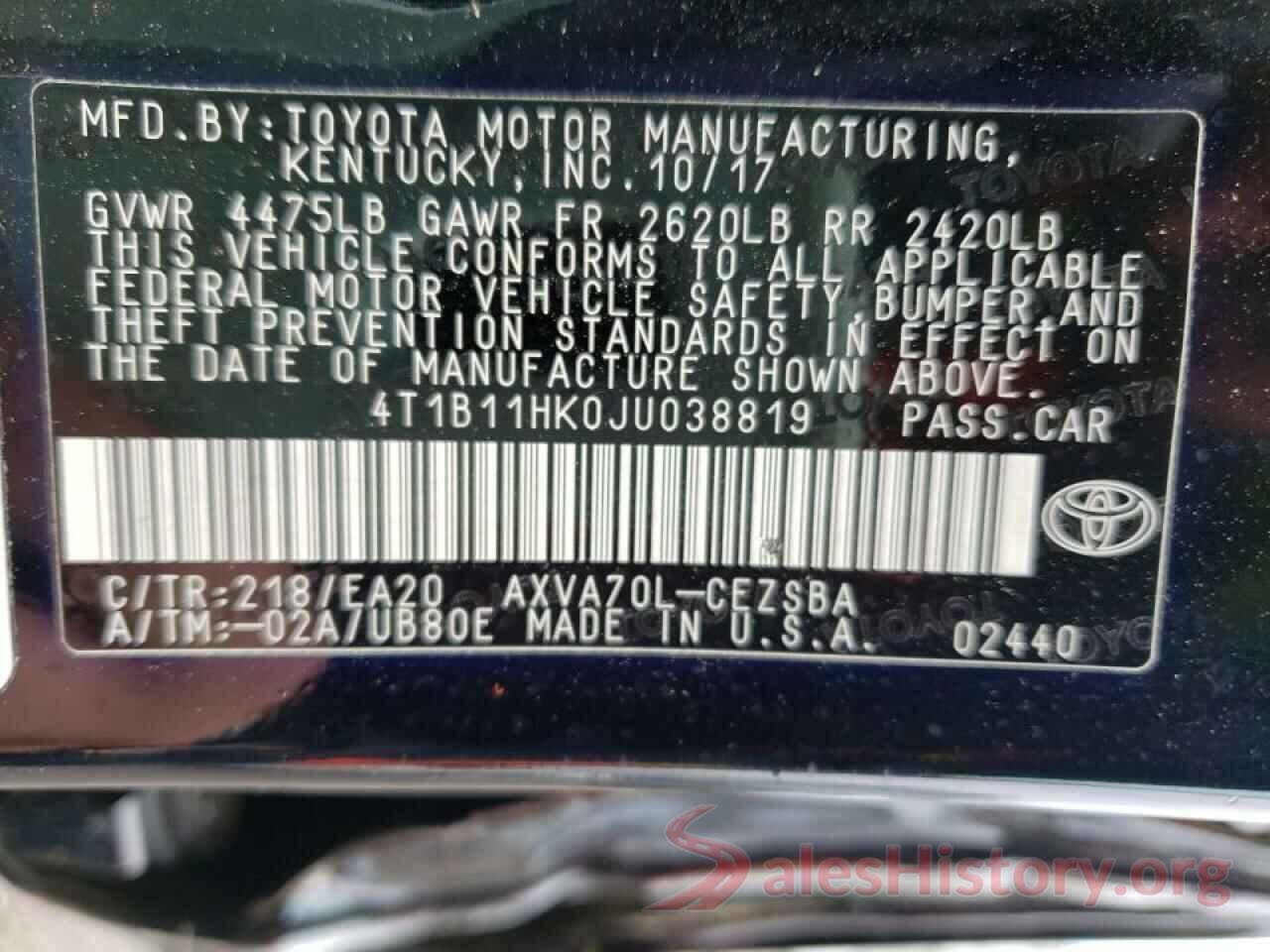 4T1B11HK0JU038819 2018 TOYOTA CAMRY