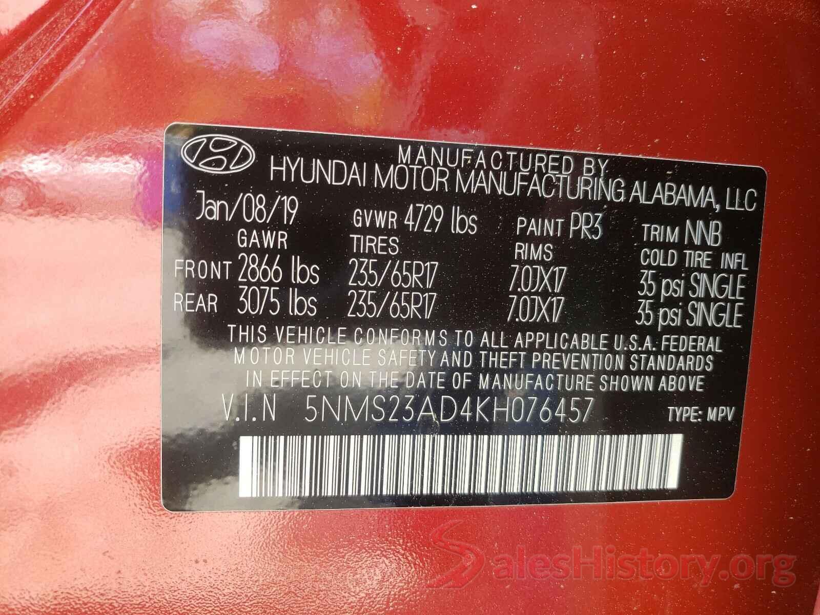 5NMS23AD4KH076457 2019 HYUNDAI SANTA FE