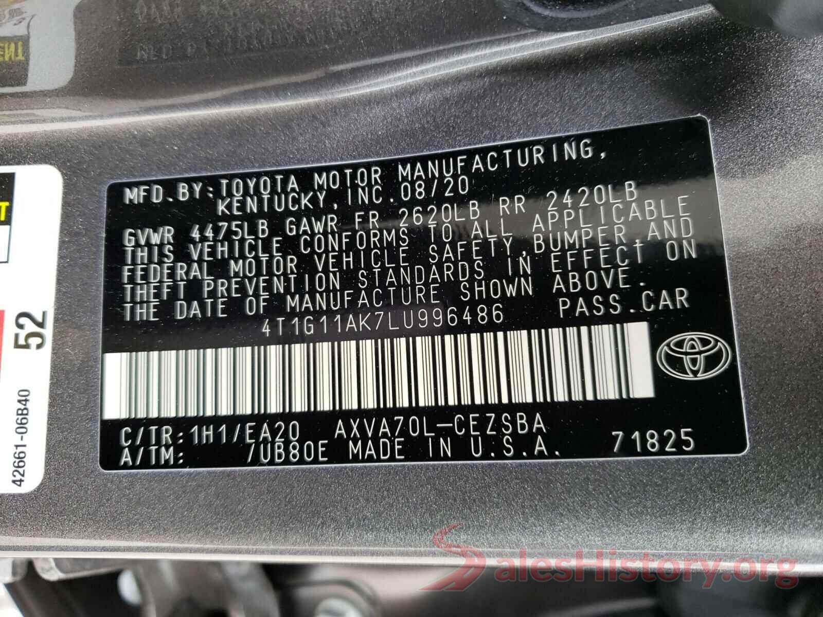 4T1G11AK7LU996486 2020 TOYOTA CAMRY