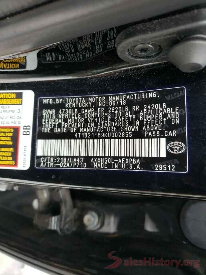 4T1B21FB9KU002855 2019 TOYOTA AVALON