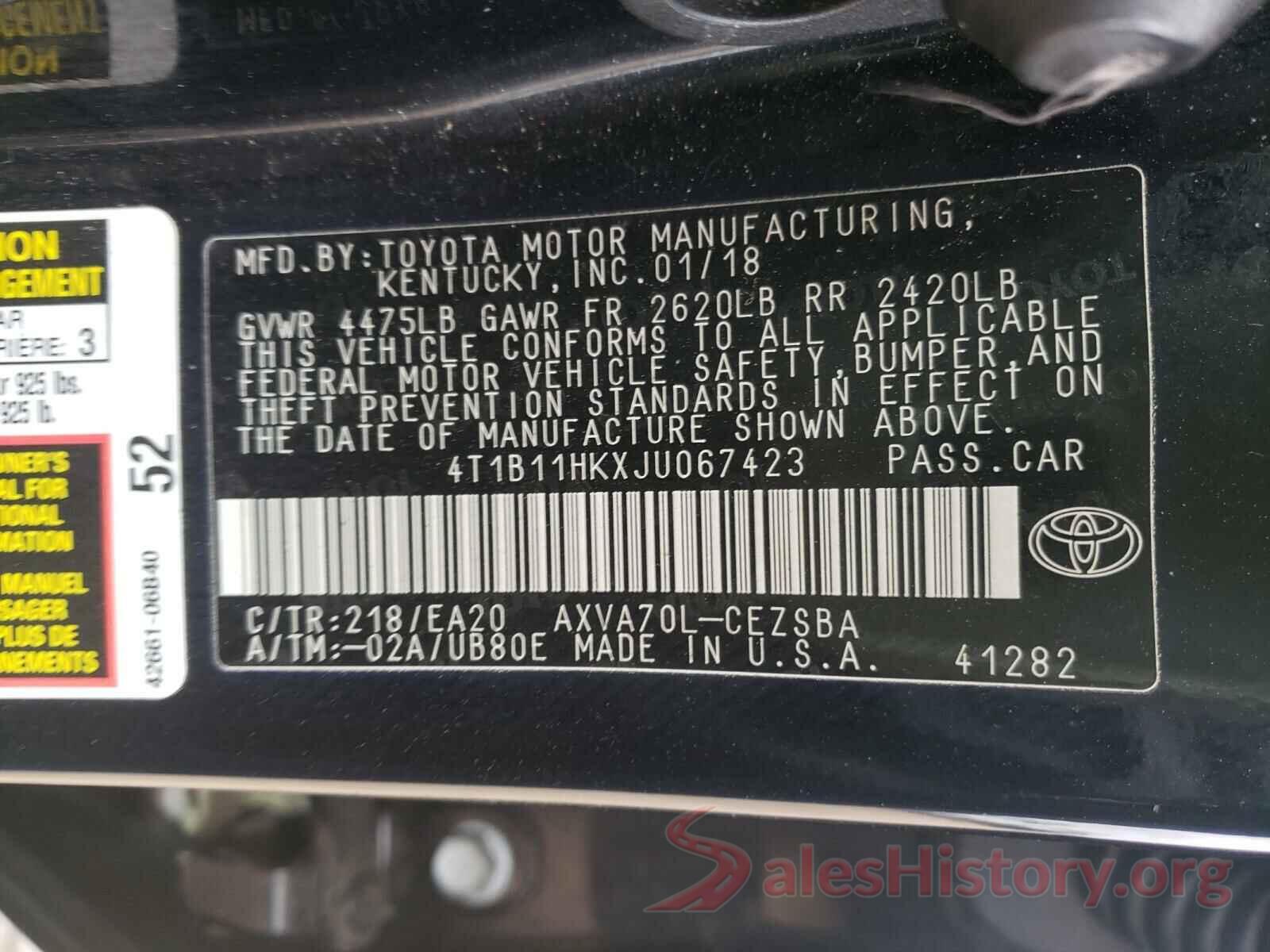 4T1B11HKXJU067423 2018 TOYOTA CAMRY