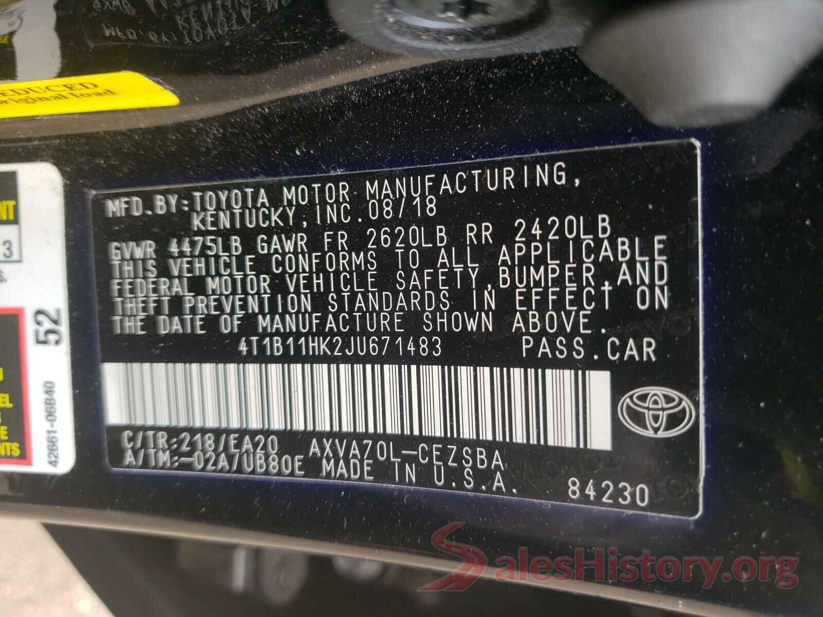 4T1B11HK2JU671483 2018 TOYOTA CAMRY