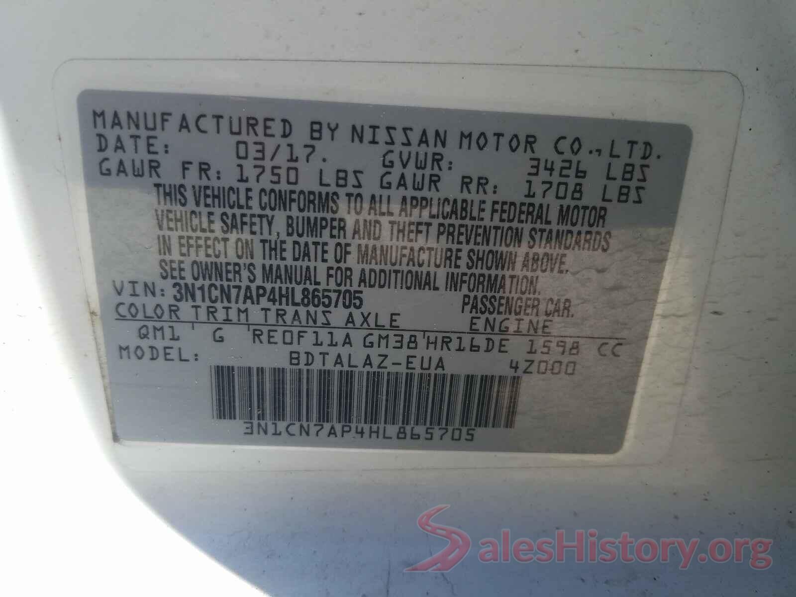 3N1CN7AP4HL865705 2017 NISSAN VERSA