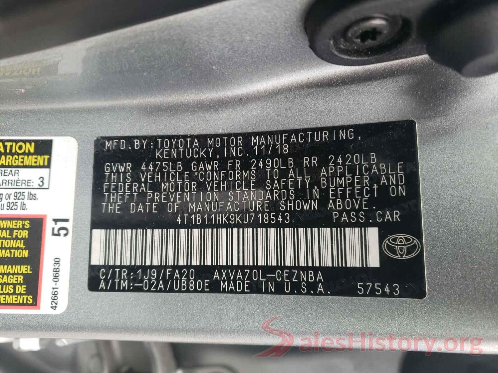 4T1B11HK9KU718543 2019 TOYOTA CAMRY