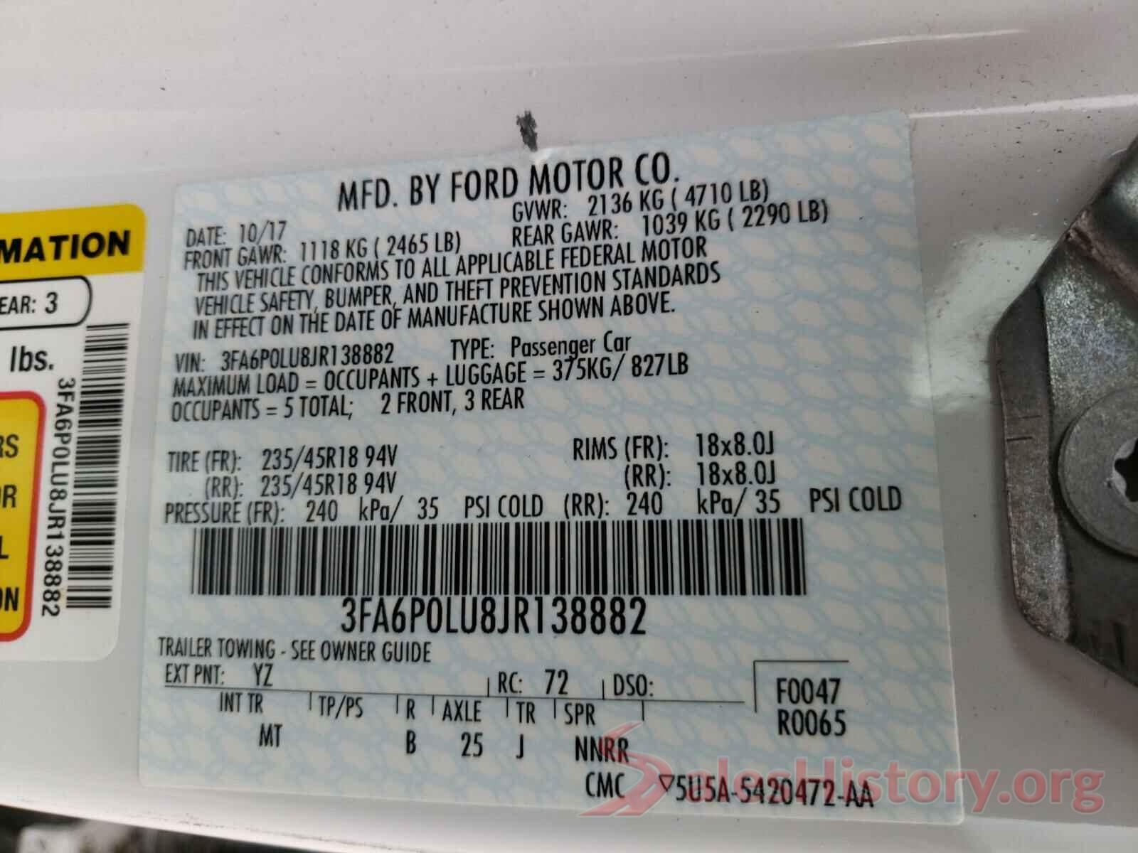 3FA6P0LU8JR138882 2018 FORD FUSION