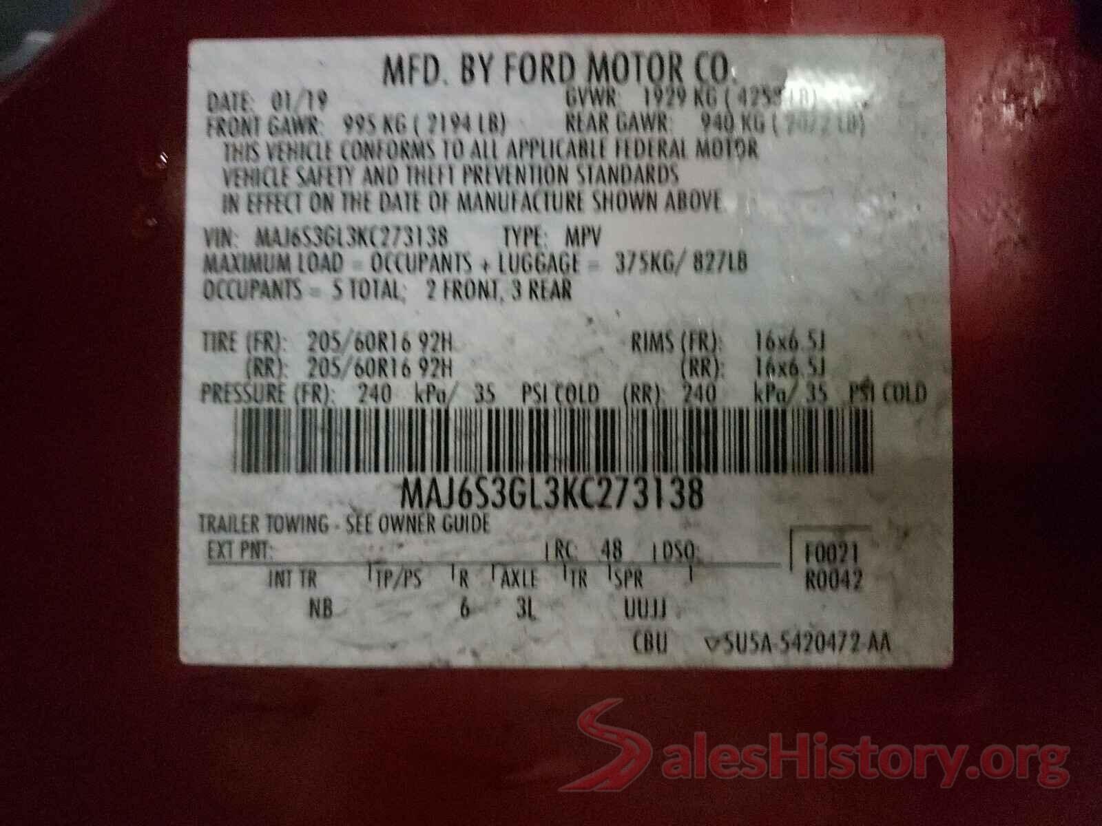 MAJ6S3GL3KC273138 2019 FORD ALL OTHER