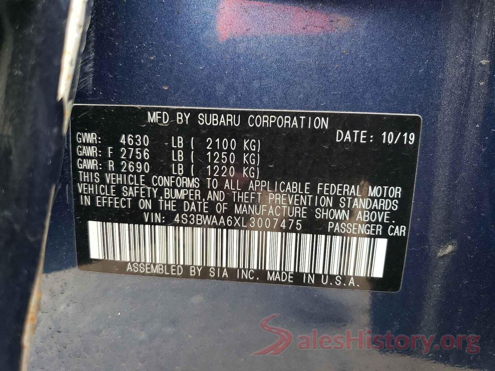 4S3BWAA6XL3007475 2020 SUBARU LEGACY