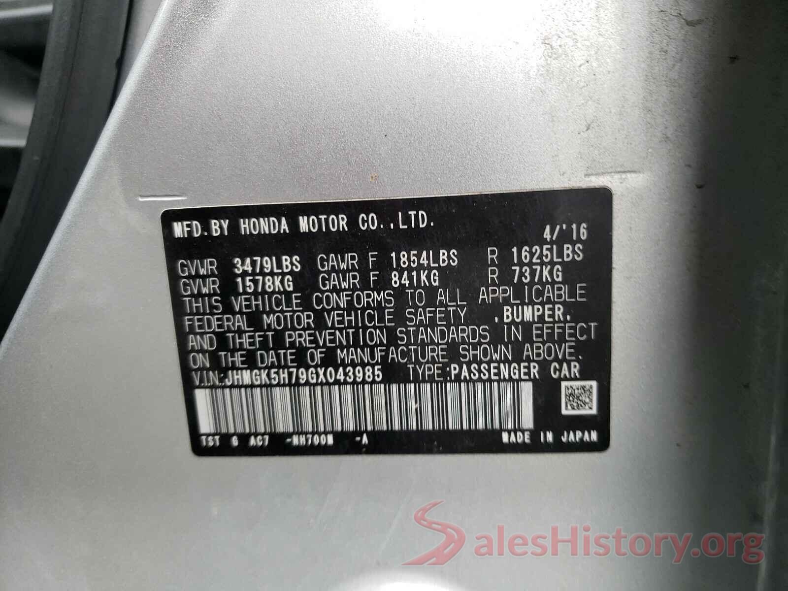 JHMGK5H79GX043985 2016 HONDA FIT