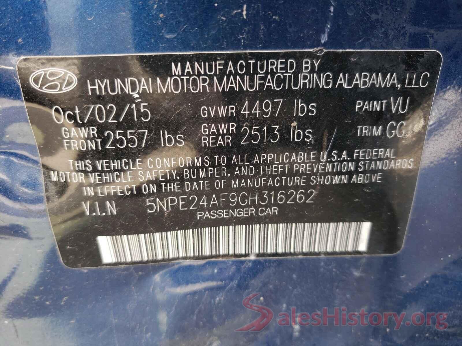 5NPE24AF9GH316262 2016 HYUNDAI SONATA