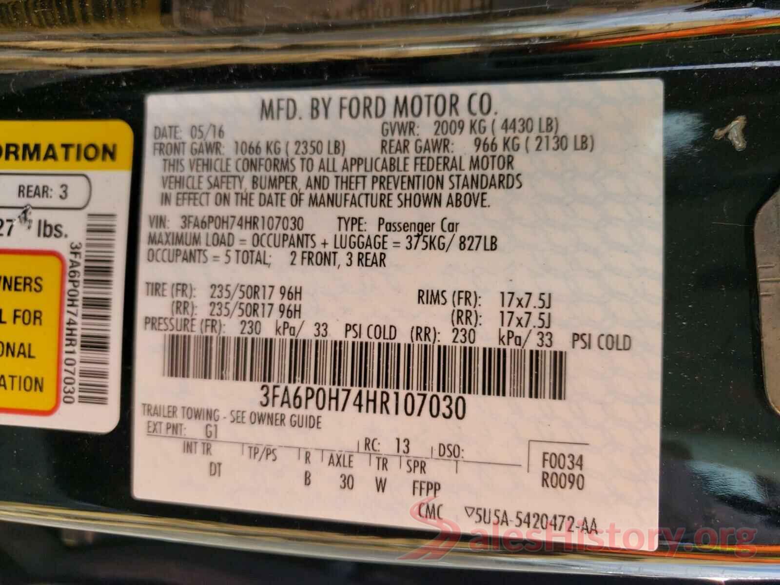 3FA6P0H74HR107030 2017 FORD FUSION