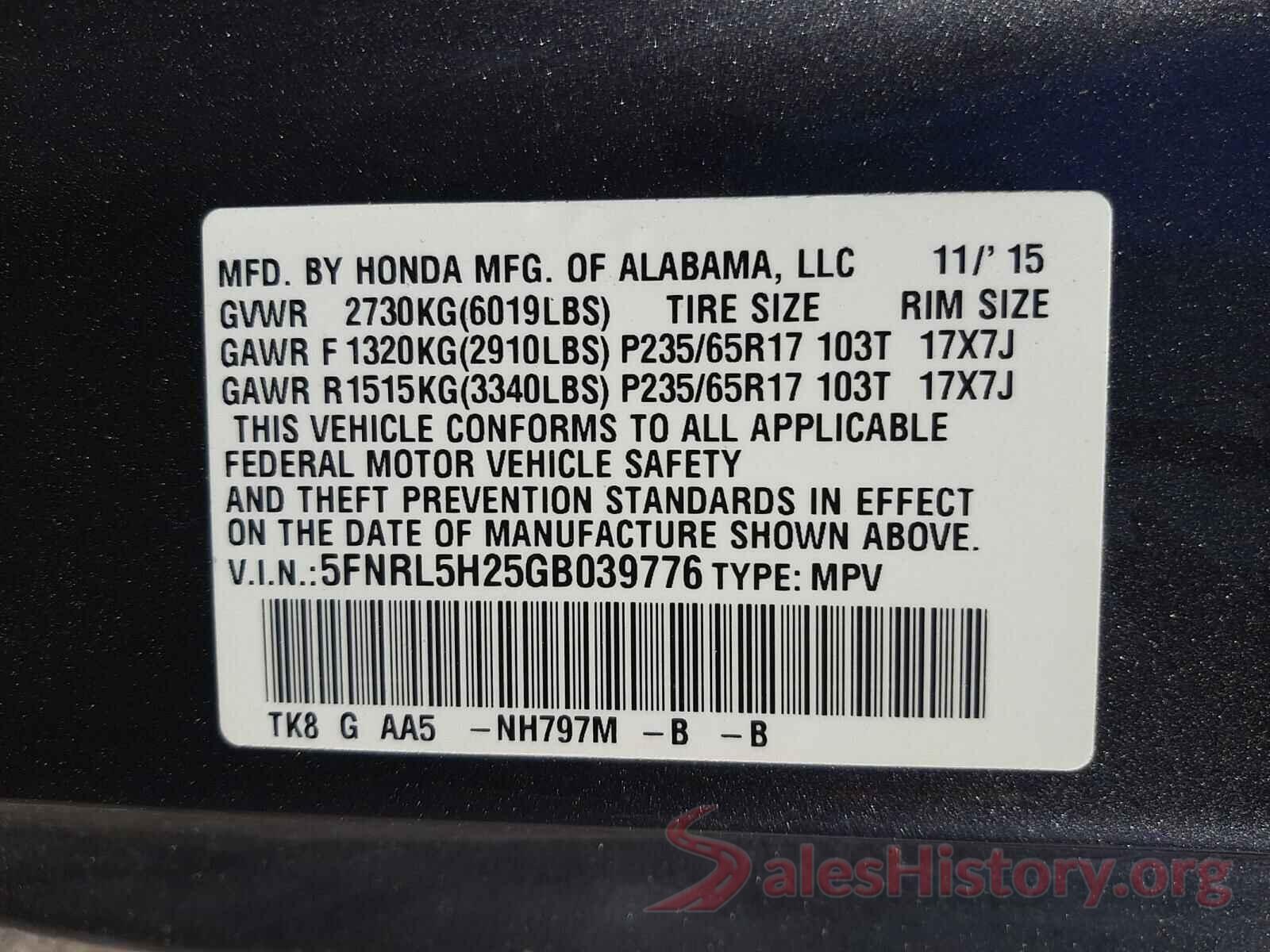 5FNRL5H25GB039776 2016 HONDA ODYSSEY