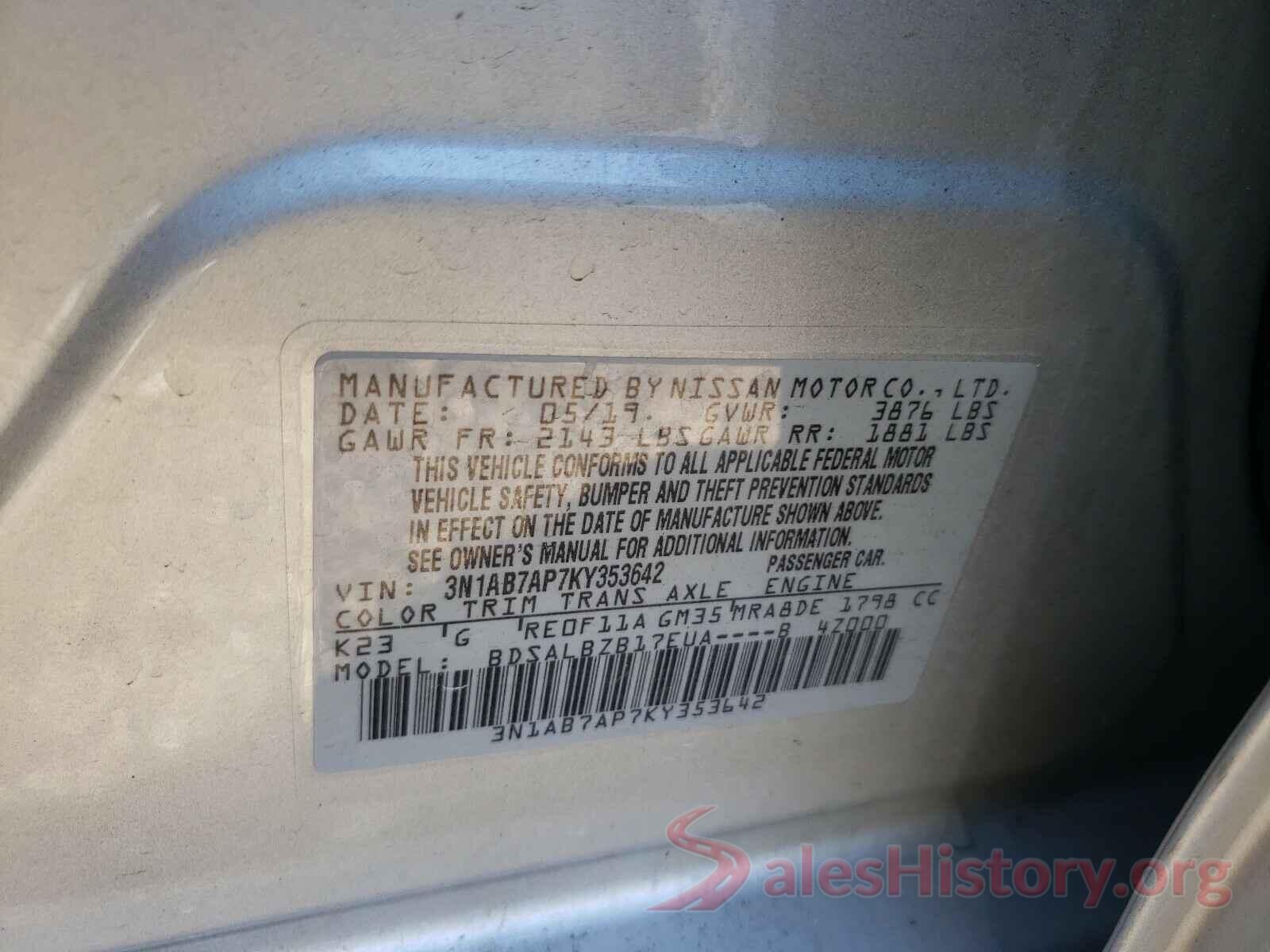 3N1AB7AP7KY353642 2019 NISSAN SENTRA