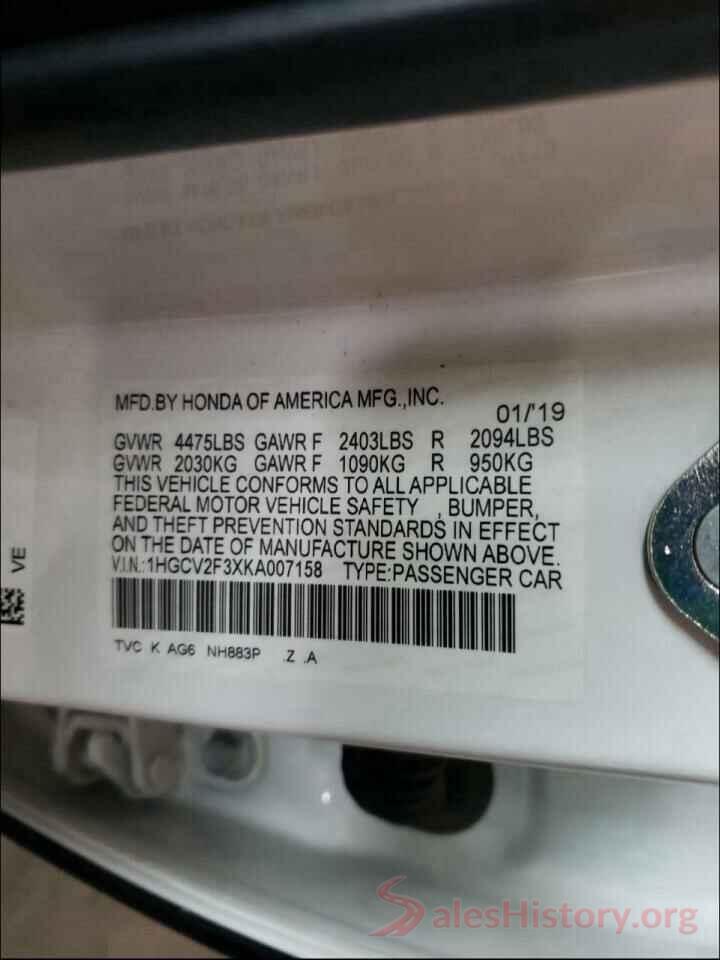 1HGCV2F3XKA007158 2019 HONDA ACCORD