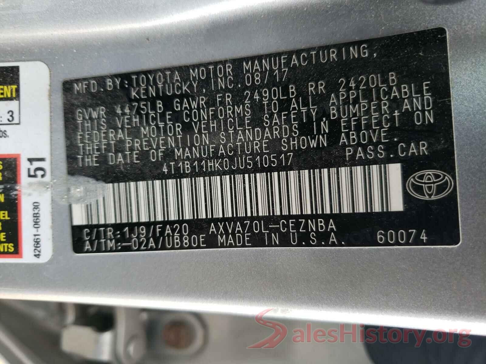 4T1B11HK0JU510517 2018 TOYOTA CAMRY