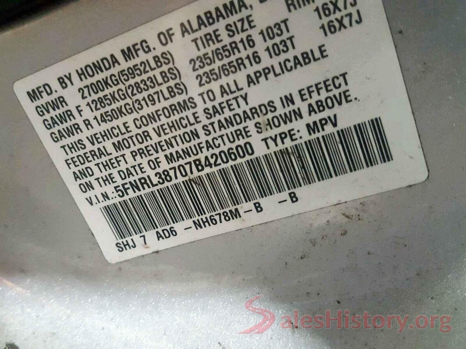 5FNRL38707B420600 2007 HONDA ODYSSEY EX