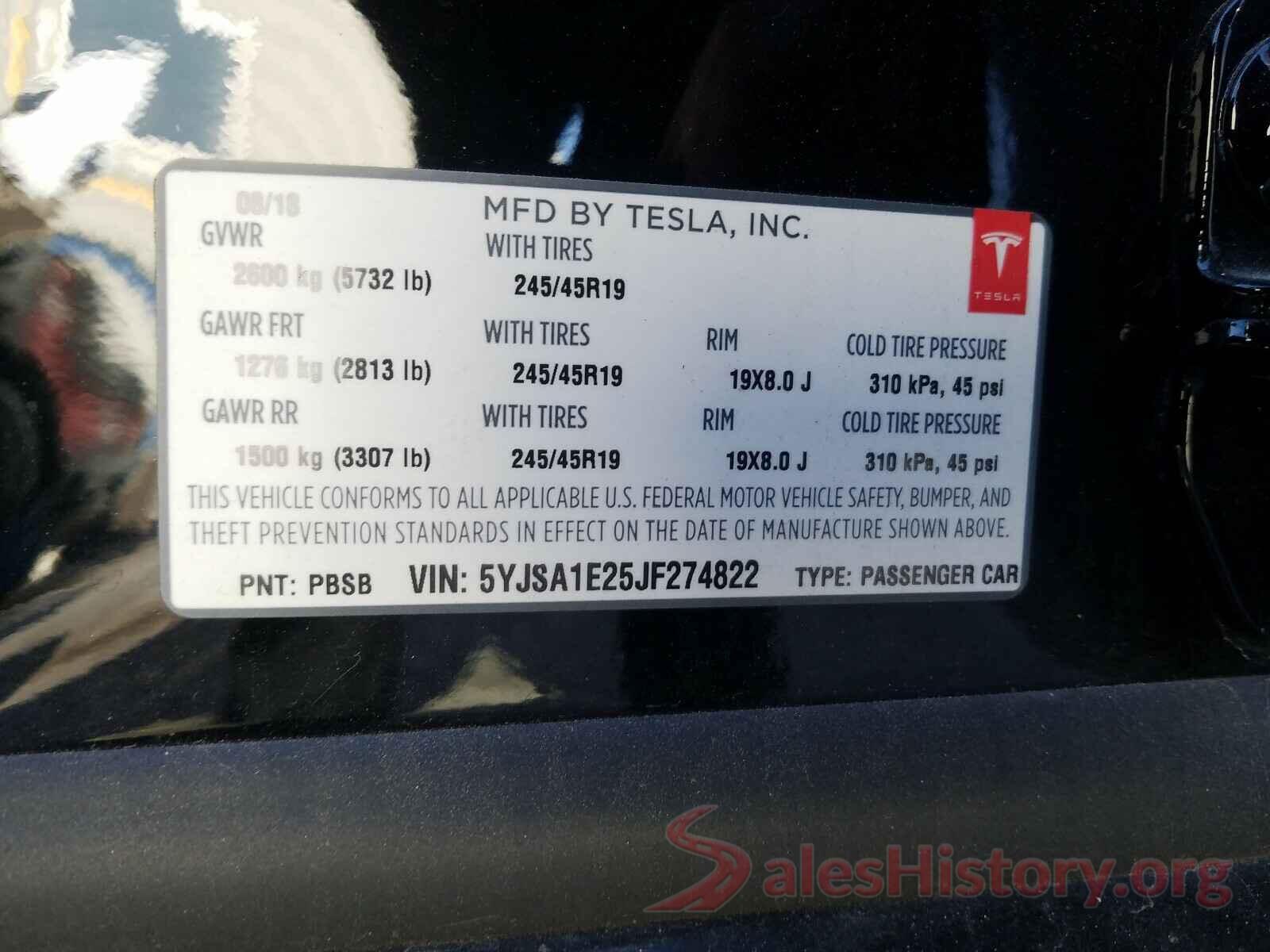 5YJSA1E25JF274822 2018 TESLA MODEL S