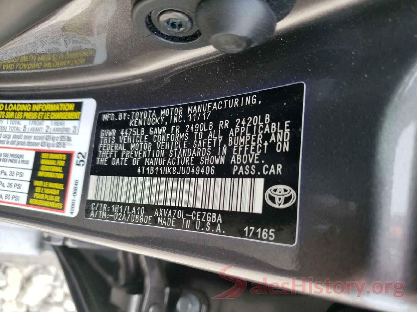 4T1B11HK8JU049406 2018 TOYOTA CAMRY