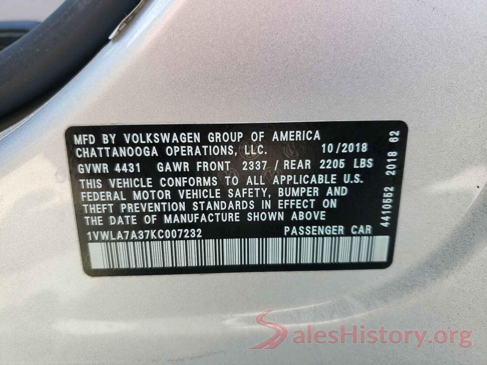 1VWLA7A37KC007232 2019 VOLKSWAGEN PASSAT