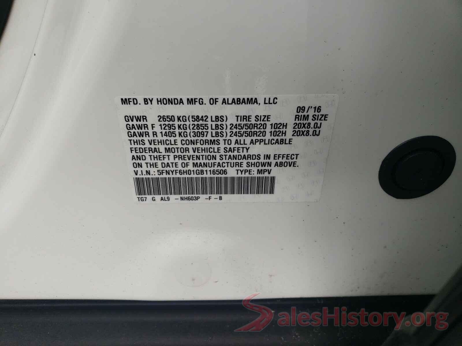 5FNYF6H01GB116506 2016 HONDA PILOT