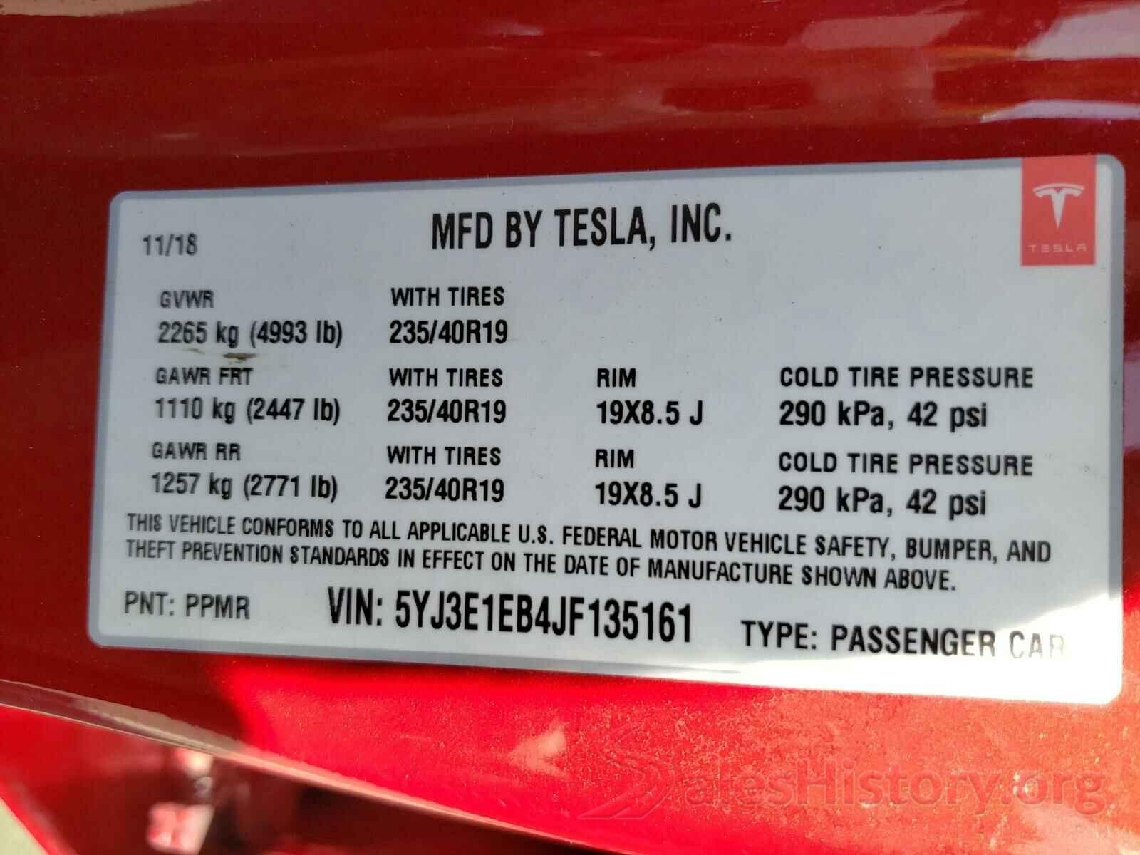 5YJ3E1EB4JF135161 2018 TESLA MODEL 3