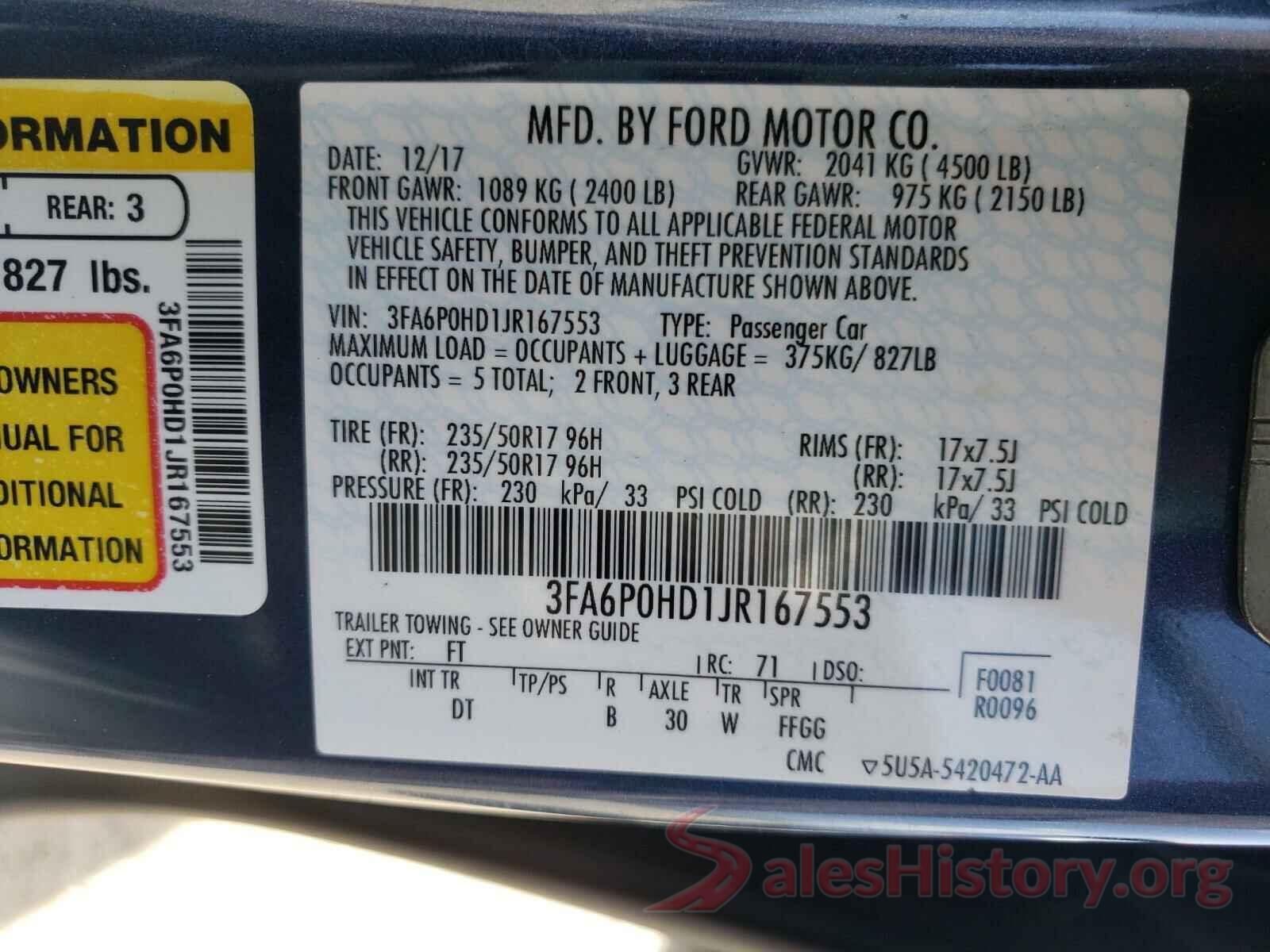 3FA6P0HD1JR167553 2018 FORD FUSION