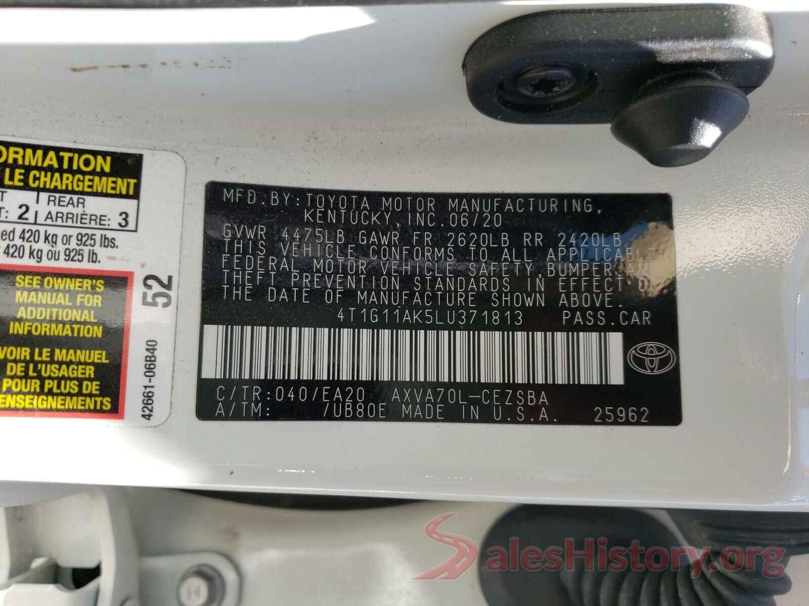 4T1G11AK5LU371813 2020 TOYOTA CAMRY