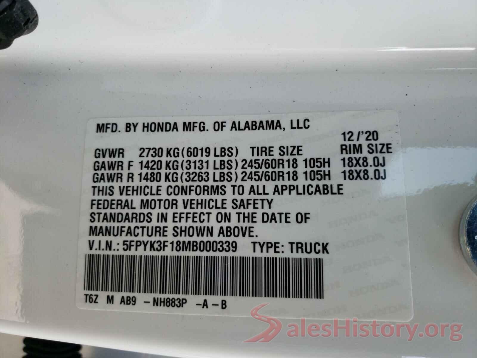 5FPYK3F18MB000339 2021 HONDA RIDGELINE