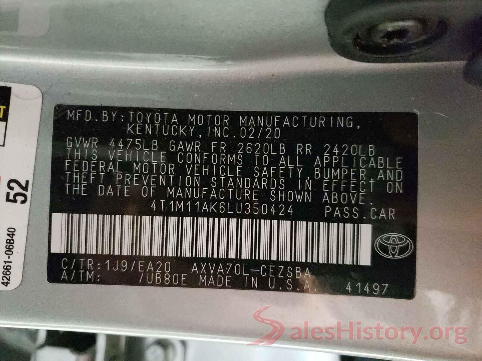 4T1M11AK6LU350424 2020 TOYOTA CAMRY