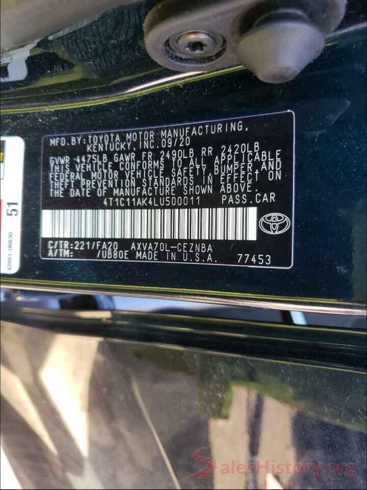 4T1C11AK4LU500011 2020 TOYOTA CAMRY