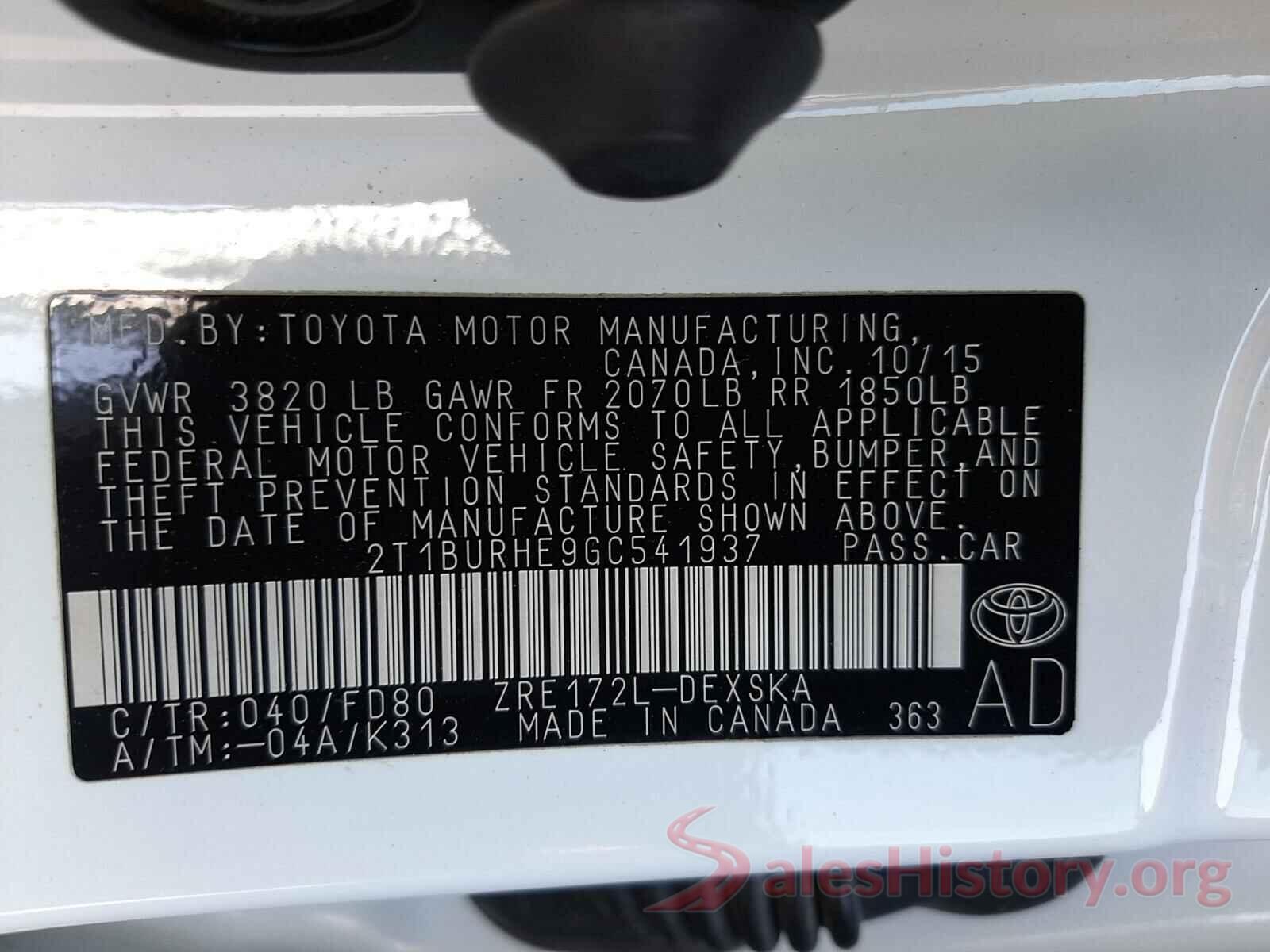 2T1BURHE9GC541937 2016 TOYOTA COROLLA