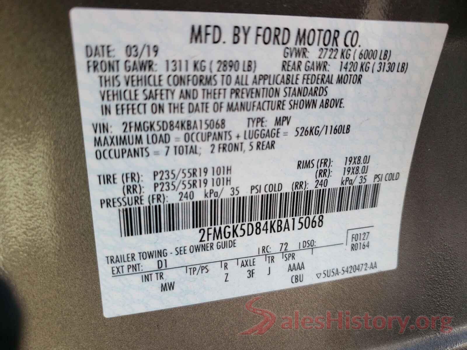 2FMGK5D84KBA15068 2019 FORD FLEX