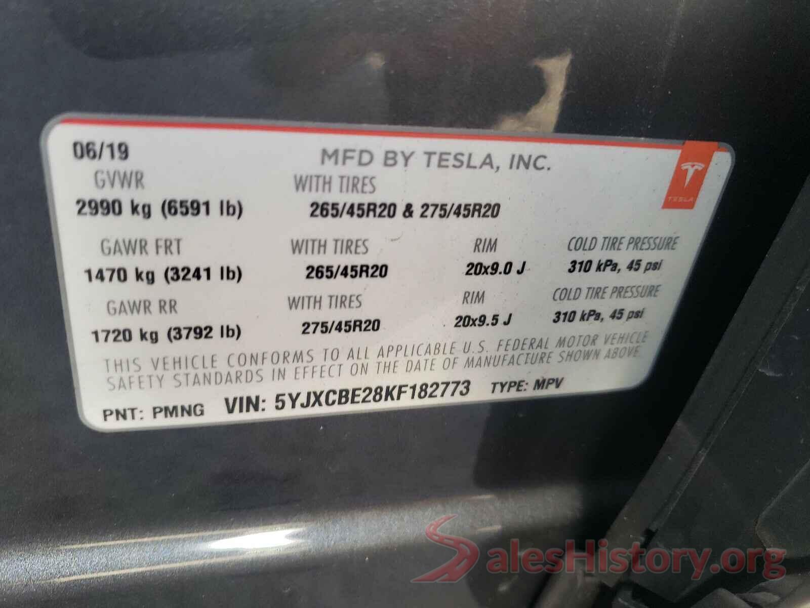 5YJXCBE28KF182773 2019 TESLA MODEL X