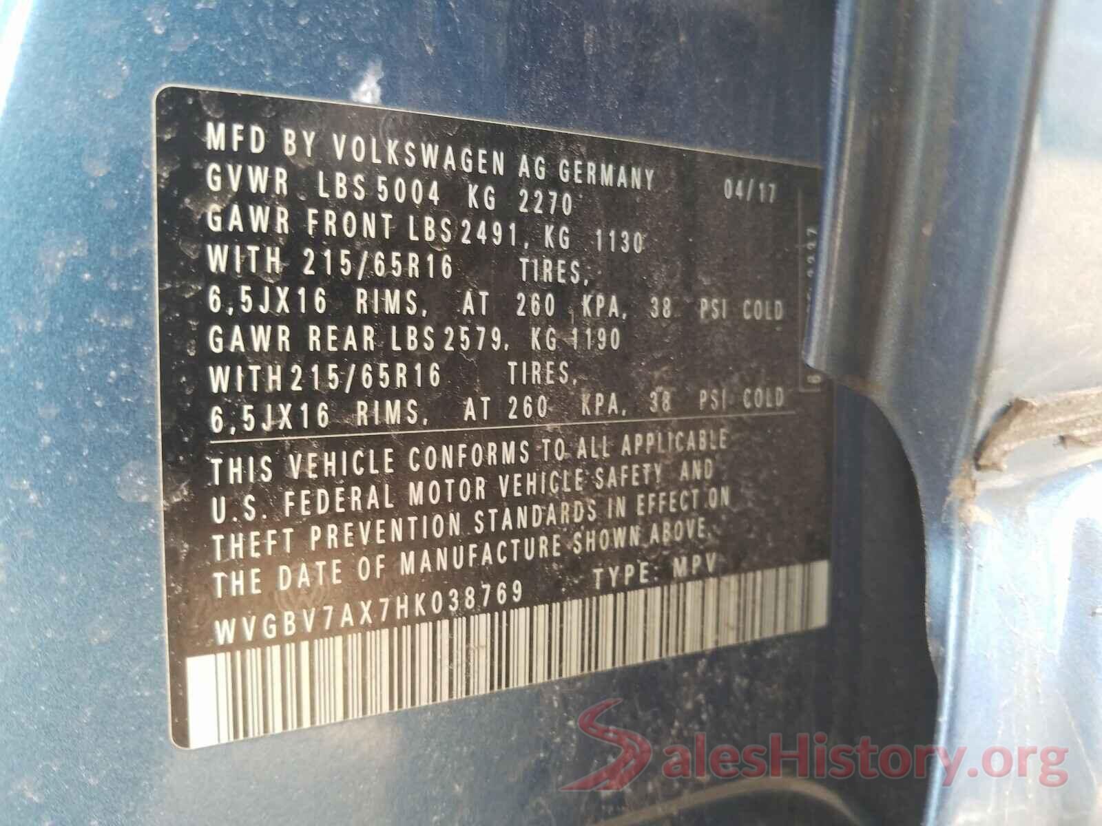 WVGBV7AX7HK038769 2017 VOLKSWAGEN TIGUAN