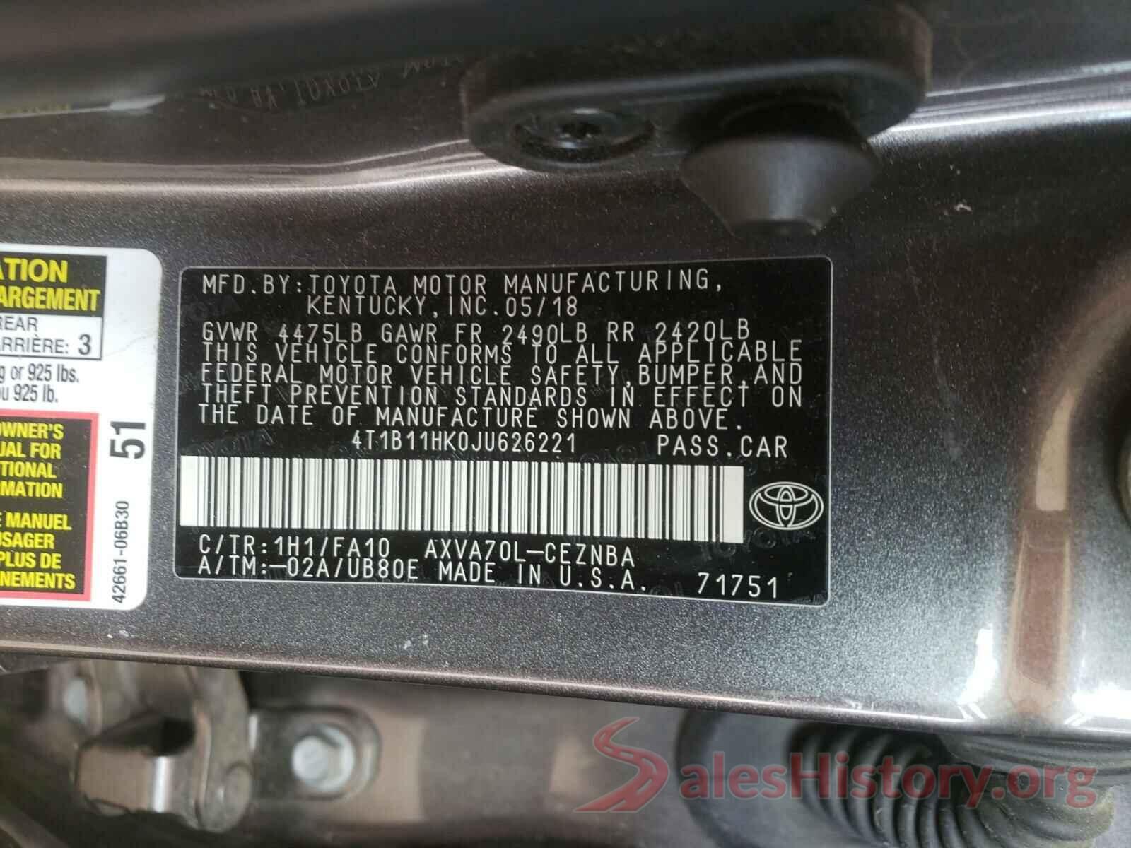 4T1B11HK0JU626221 2018 TOYOTA CAMRY