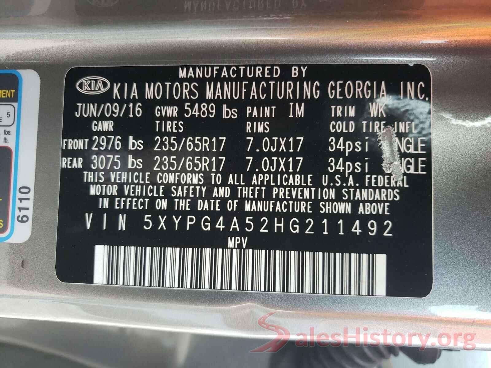 5XYPG4A52HG211492 2017 KIA SORENTO