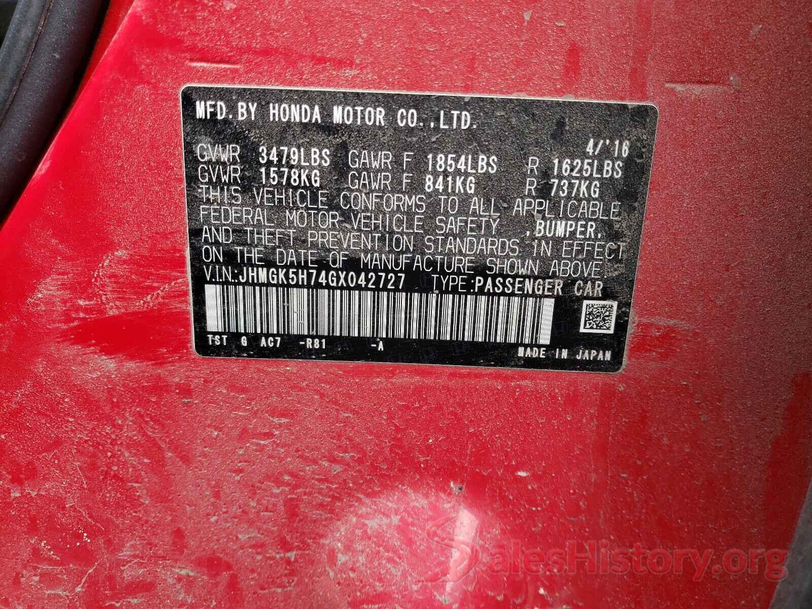 JHMGK5H74GX042727 2016 HONDA FIT