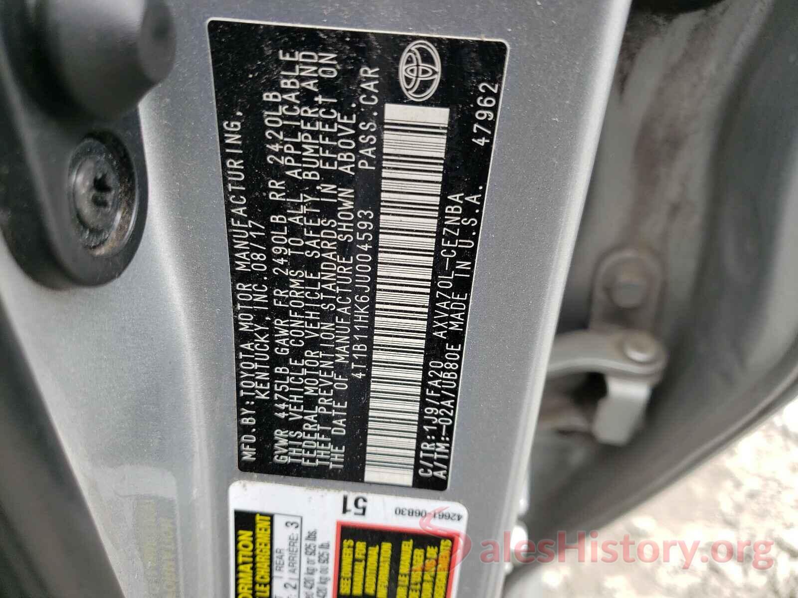 4T1B11HK6JU004593 2018 TOYOTA CAMRY