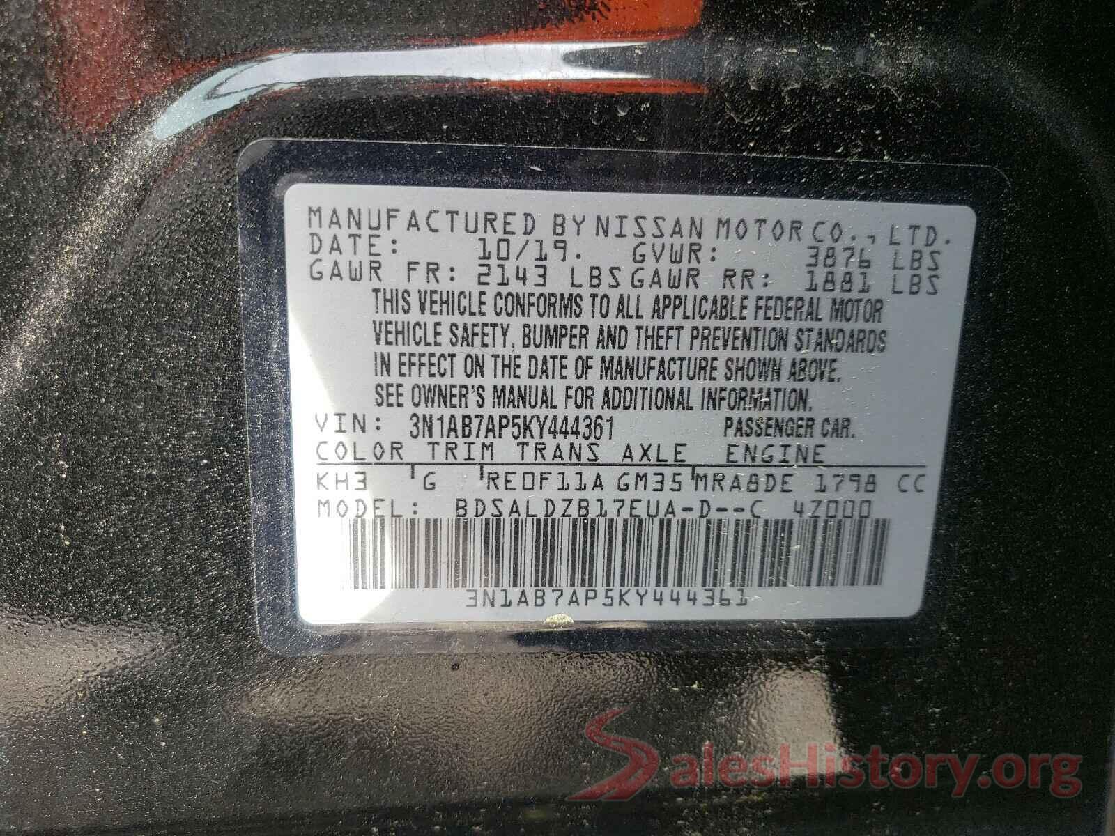 3N1AB7AP5KY444361 2019 NISSAN SENTRA