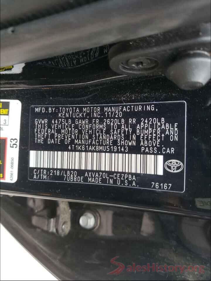 4T1K61AK8MU519143 2021 TOYOTA CAMRY