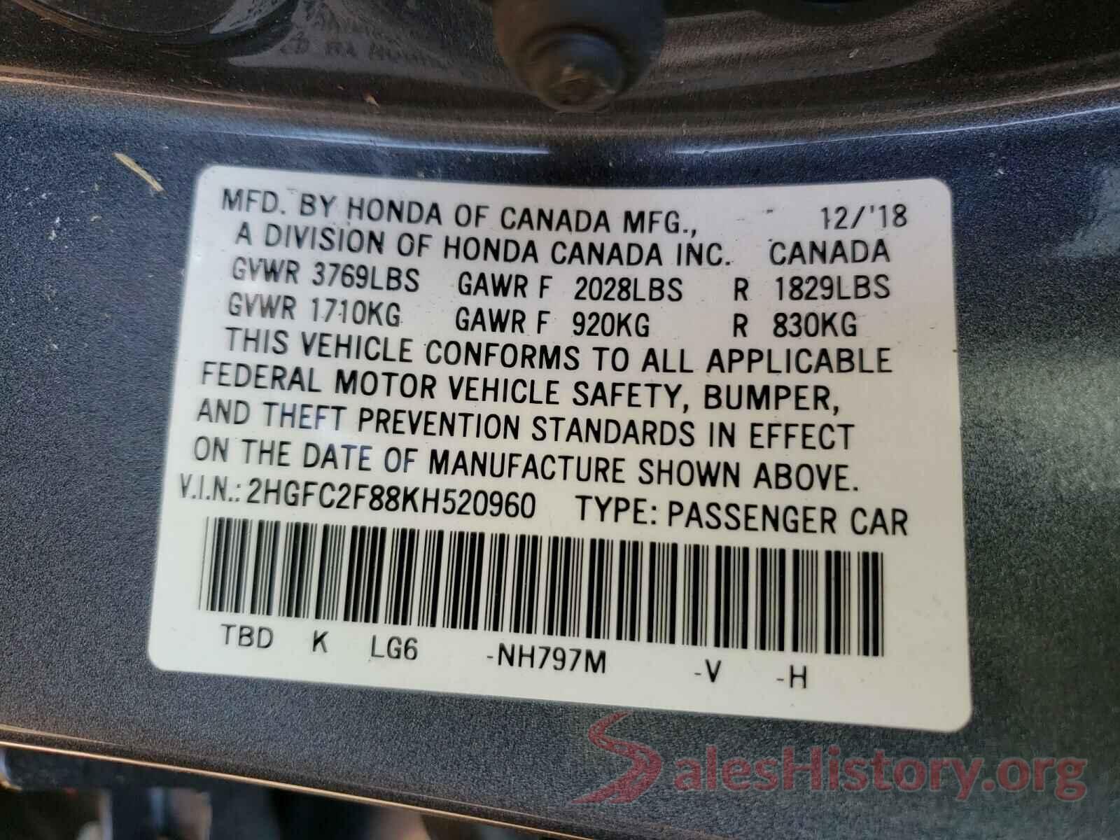 2HGFC2F88KH520960 2019 HONDA CIVIC