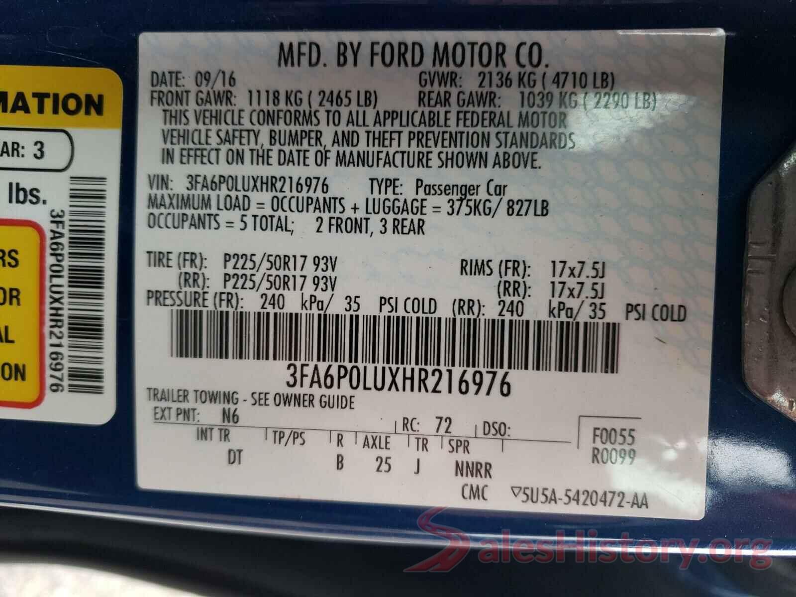 3FA6P0LUXHR216976 2017 FORD FUSION