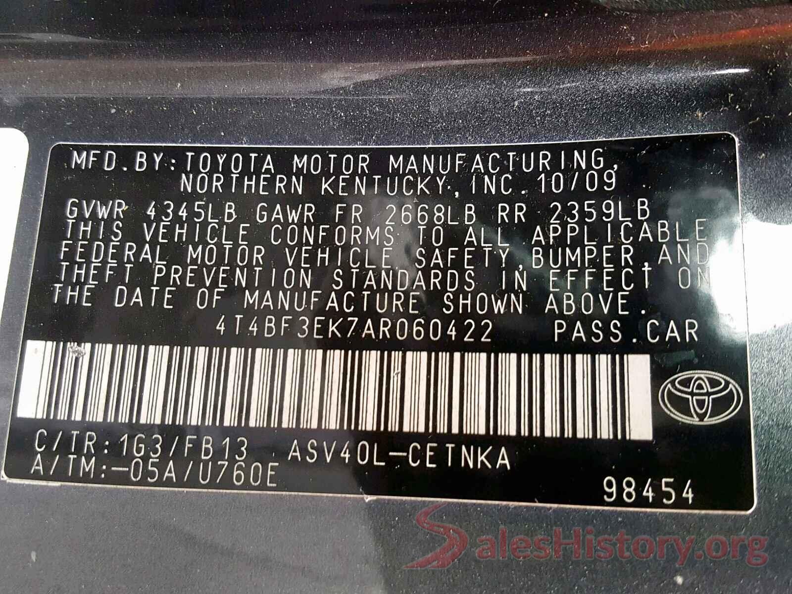 4T4BF3EK7AR060422 2010 TOYOTA CAMRY BASE