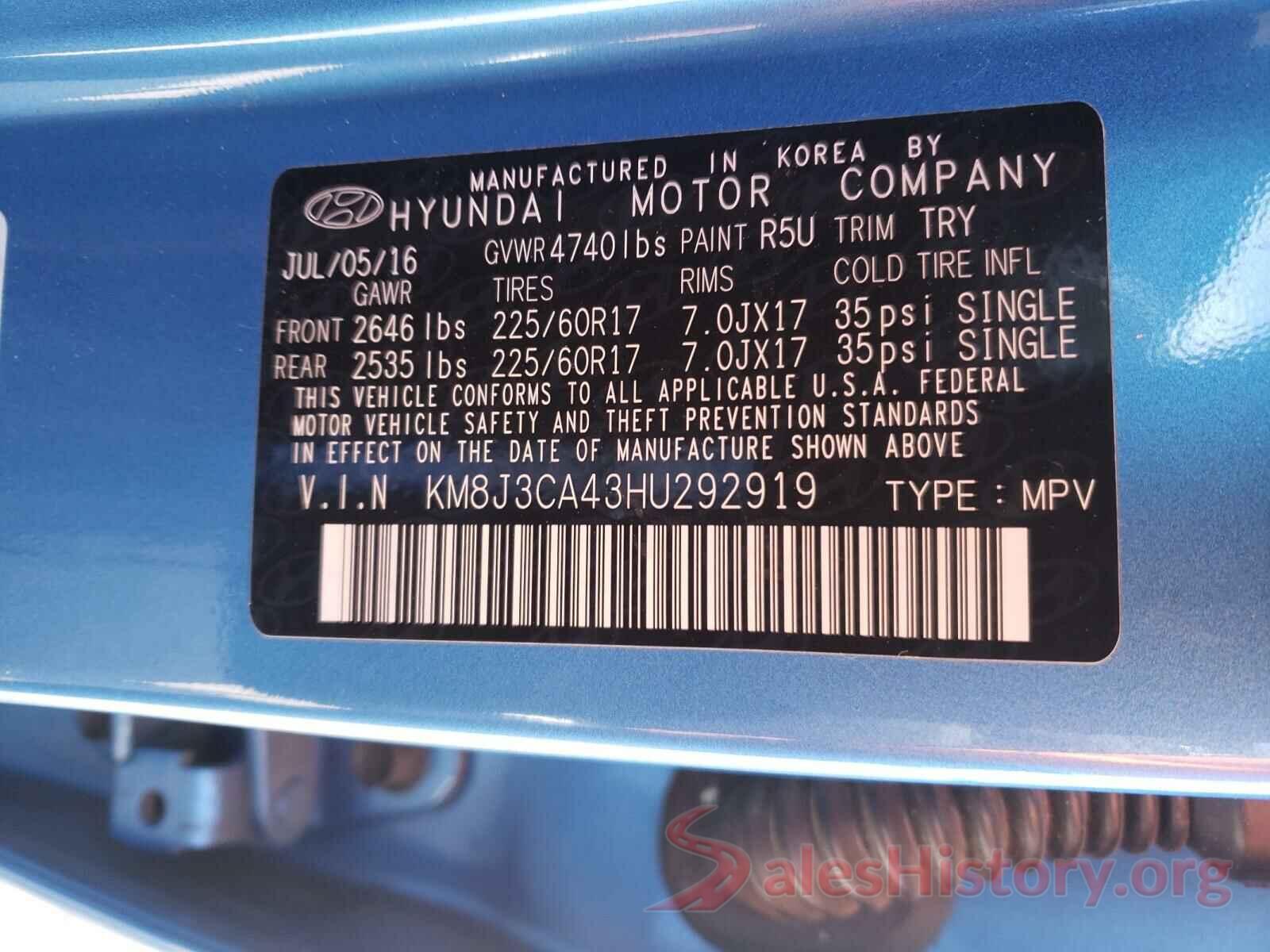 KM8J3CA43HU292919 2017 HYUNDAI TUCSON