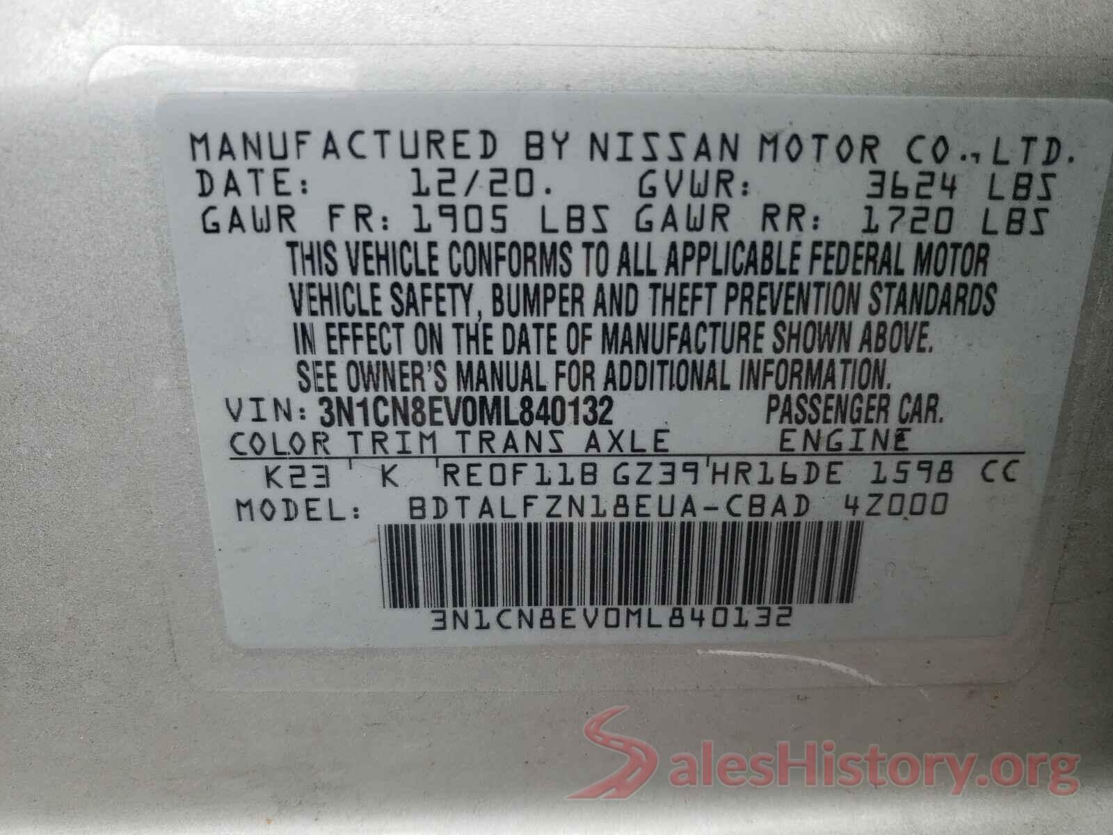 3N1CN8EV0ML840132 2021 NISSAN VERSA