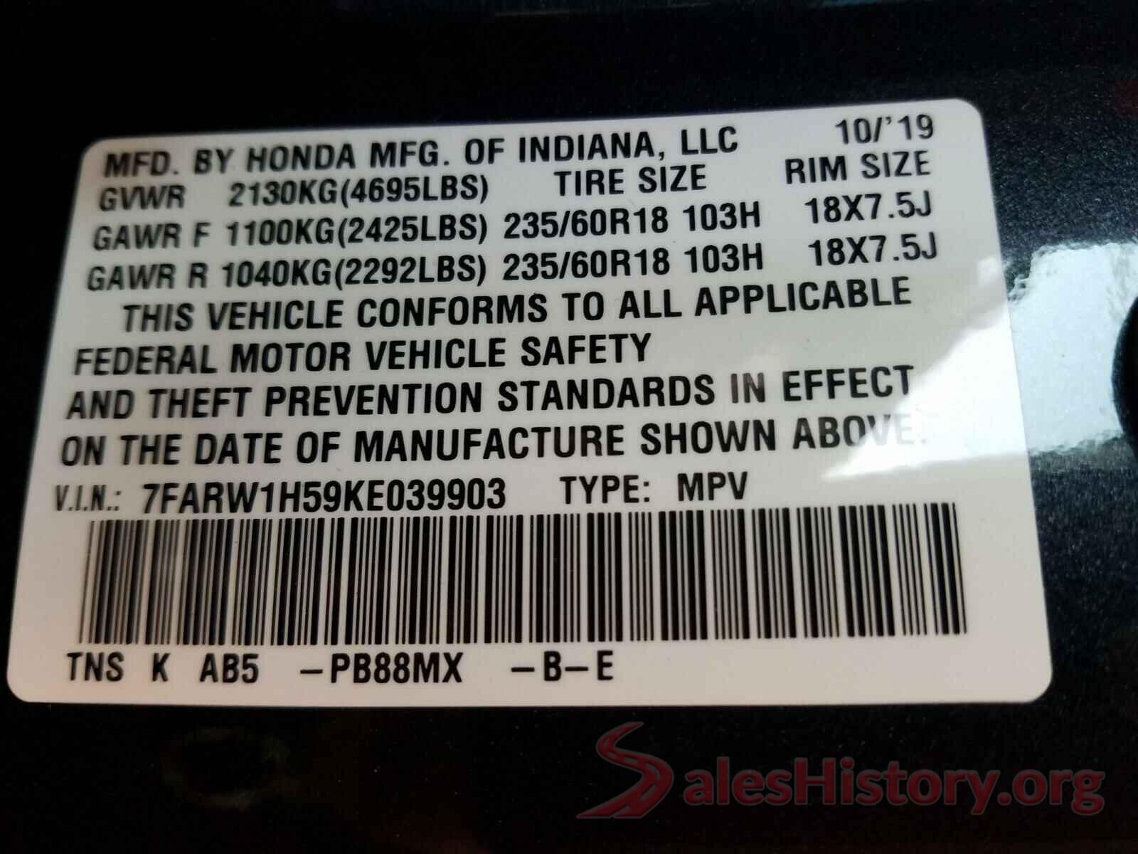 7FARW1H59KE039903 2019 HONDA CRV