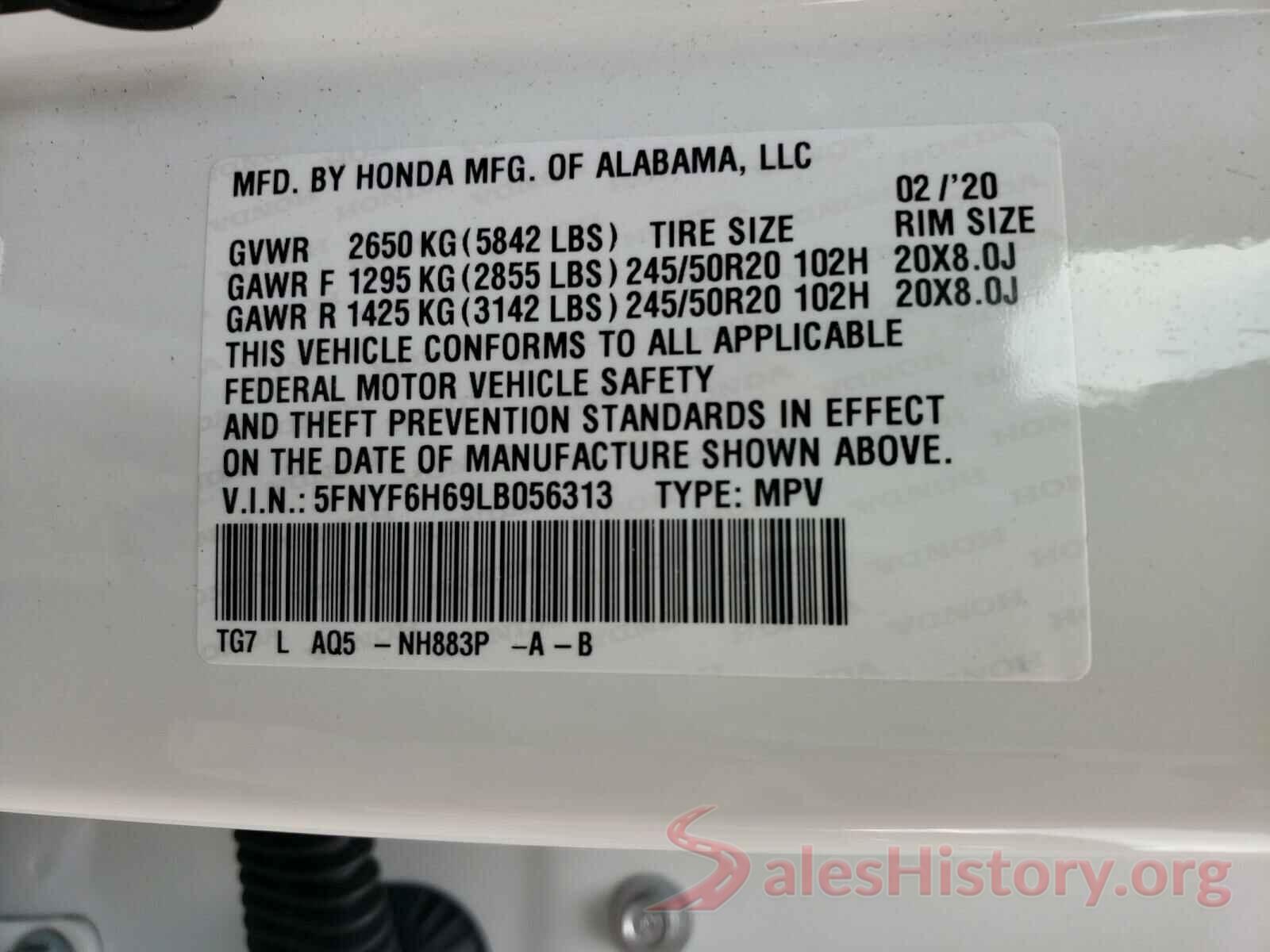 5FNYF6H69LB056313 2020 HONDA PILOT