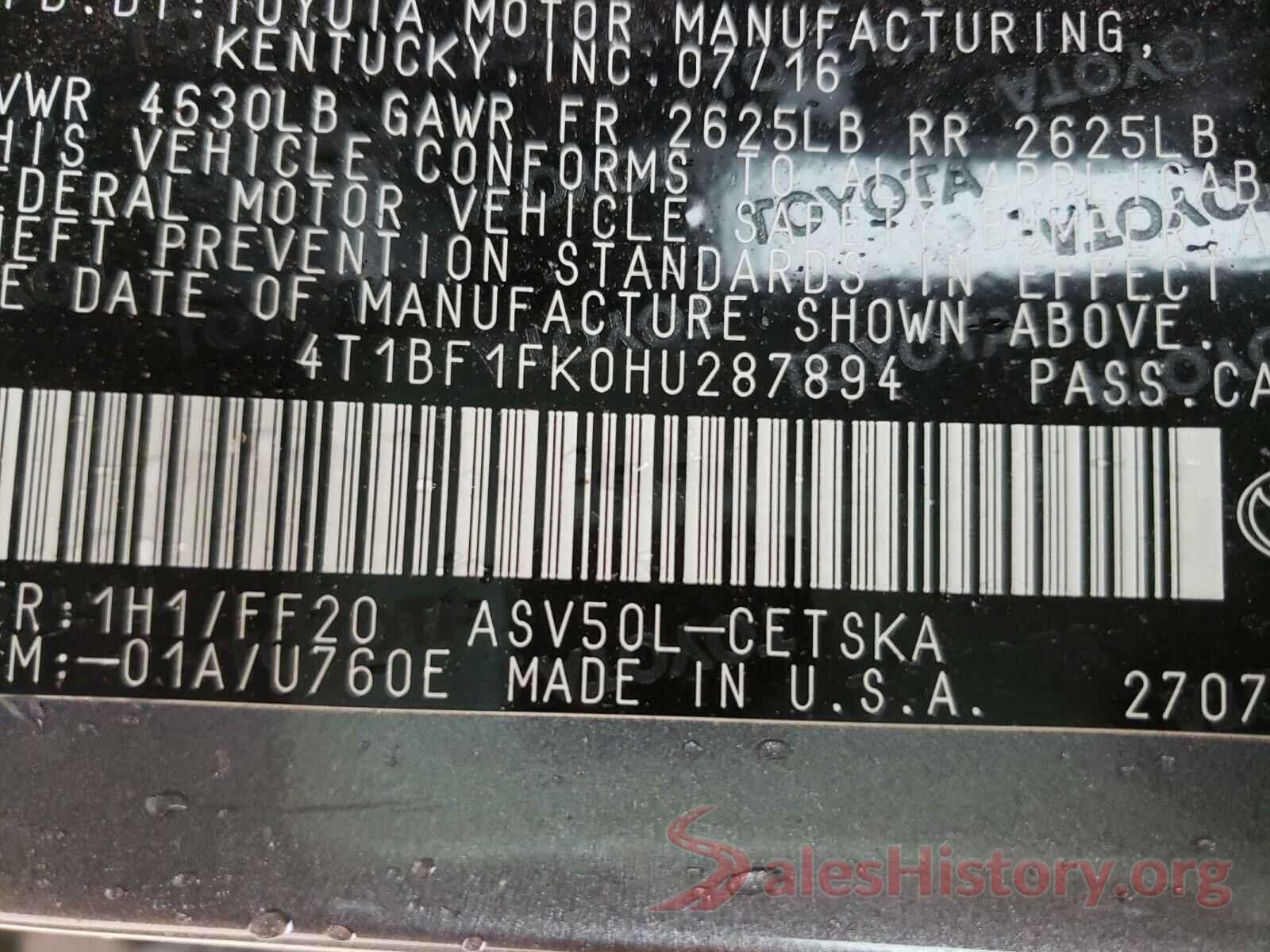 4T1BF1FK0HU287894 2017 TOYOTA CAMRY